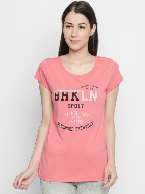 Ajile by Pantaloons Women Coral Pink Black Printed Scoop Neck Pure Cotton T-shirt