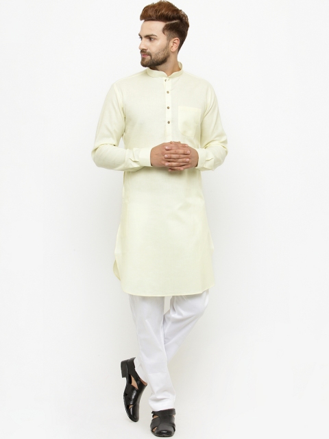 

Chitwan Mohan Men Yellow Solid Cotton Linen traight Kurta