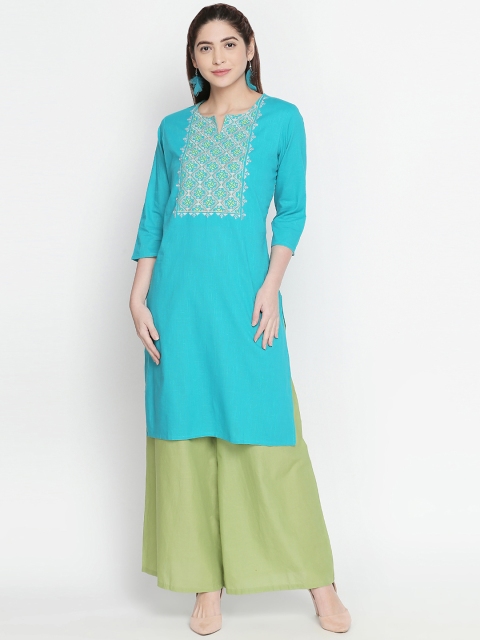 

RANGMANCH BY PANTALOONS Women Turquoise Blue Yoke Design Straight Kurta