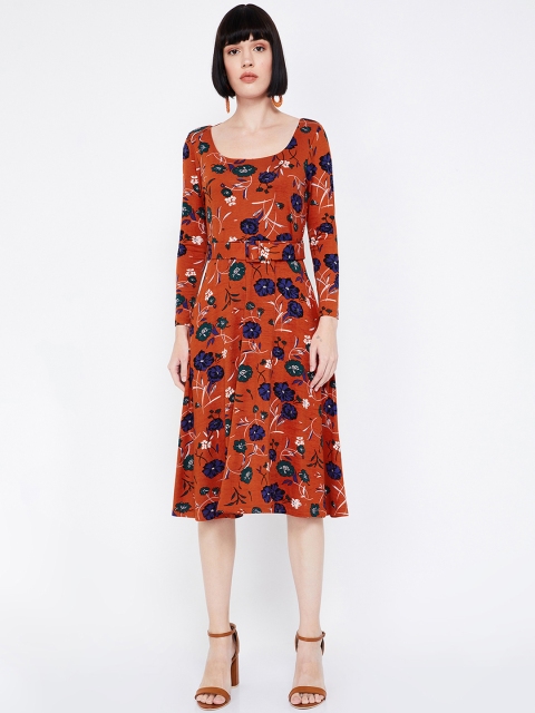 

CODE by Lifestyle Women Rust Brown & Green Floral Print Fit and Flare Dress