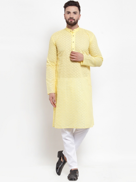 

Jompers Men Yellow & White Self Design Kurta with Pyjamas