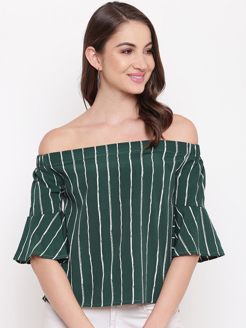 

Mayra Women Green Striped Bardot Top