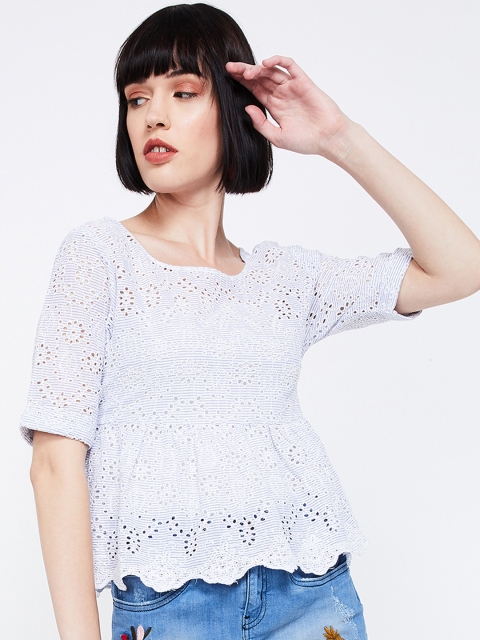

Ginger by Lifestyle Women Blue Self Design Schiffli Peplum Top