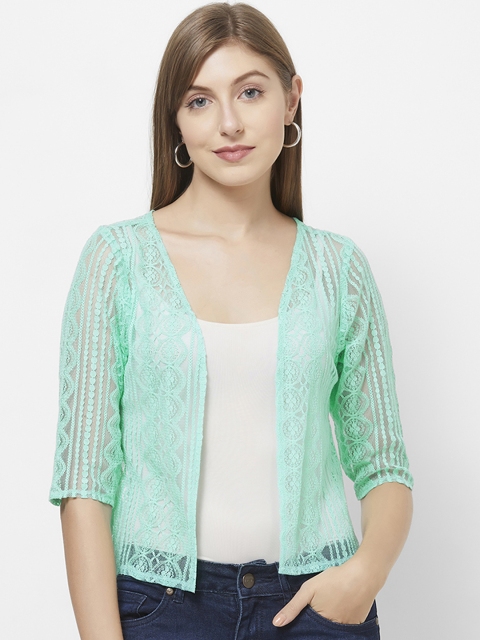 

109F Women Green Self Design Open Front Crop Shrug