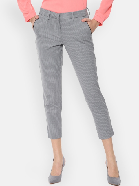 

Allen Solly Woman Grey Slim Fit Striped Cropped Cigarette Trousers