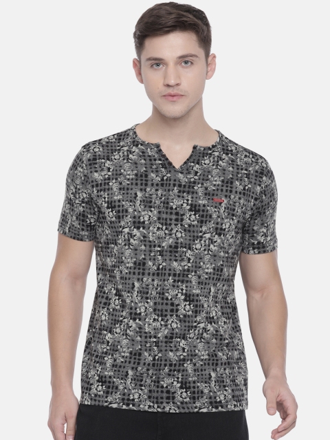 

The Indian Garage Co Men Black & Grey Floral Printed Round Neck Slim Fit T-shirt