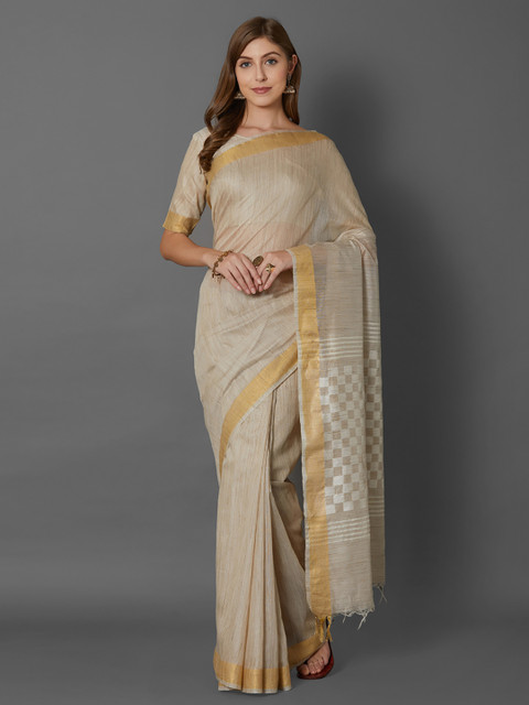 

Mitera Beige & Off-White Silk Blend Checked Saree