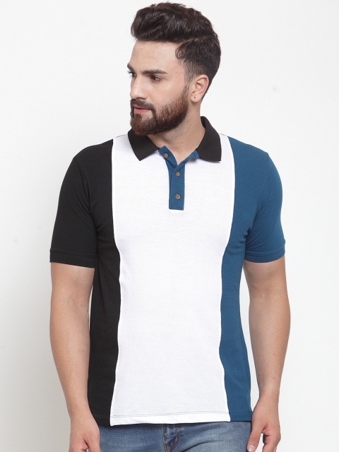 

Kalt Men Teal & White Colourblocked Polo Collar T-shirt