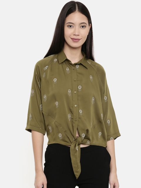 

Chumbak Women Olive Green & Grey Regular Fit Embroidered Casual Shirt