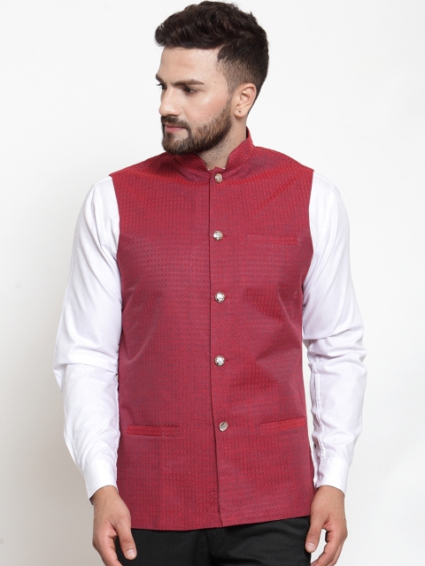 

Jompers Men Maroon Woven Design Nehru Jacket
