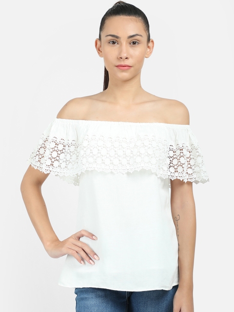 

COVER STORY Women Off-White Solid Linen Bardot Top
