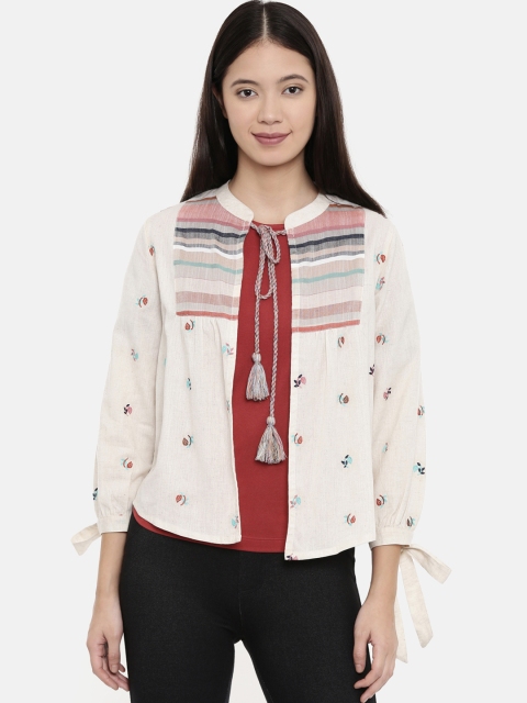 

Chumbak Women Cream-Coloured Printed Tie-Up Shrug