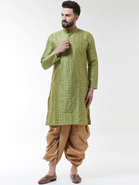 

SOJANYA Men Green & Gold-Coloured Self Design Kurta with Dhoti Pants