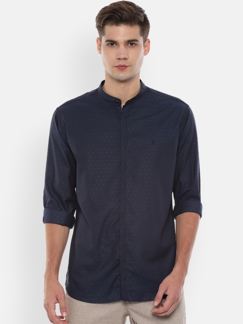 

V Dot Men Navy Blue Slim Fit Self Design Casual Shirt
