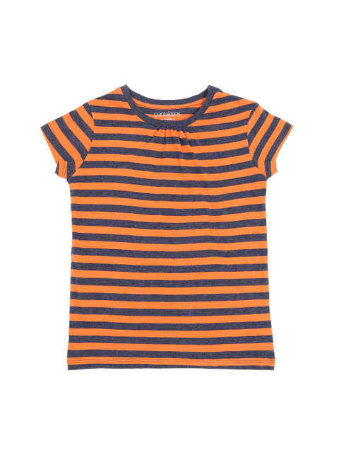 

POPPERS by Pantaloons Girls Charcoal Grey Orange Striped Round Neck Pure Cotton T-shirt