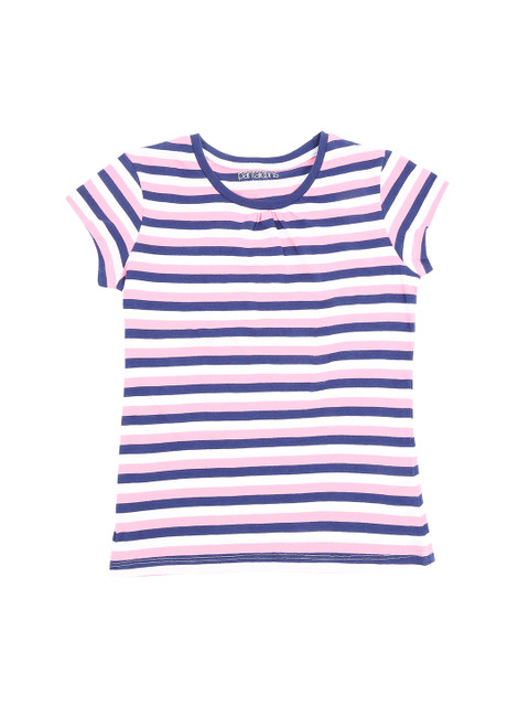

POPPERS by Pantaloons Girls Navy Blue Pink Striped Round Neck Pure Cotton T-shirt