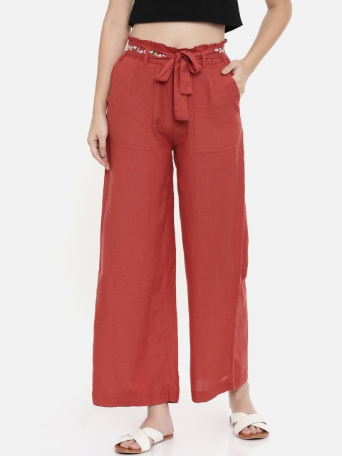 

Chumbak Women Rust Flared Solid Parallel Trousers