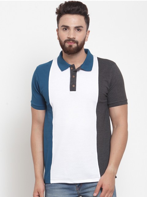 

Kalt Men White Colourblocked Polo Collar T-shirt