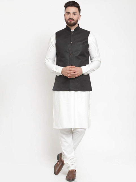 

Jompers Men White & Black Solid Kurta Set with Nehru Jacket