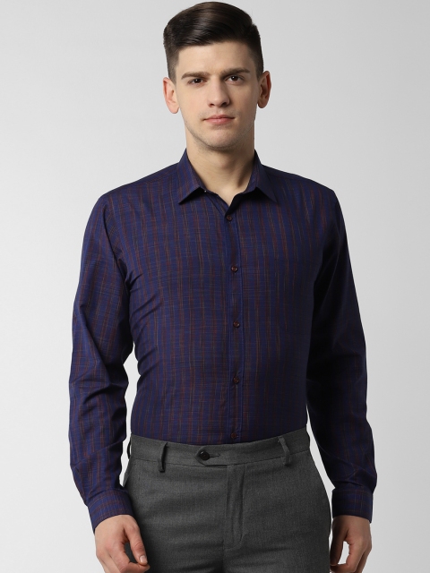 

Peter England Men Navy Blue & Brown Slim Fit Checked Formal Shirt
