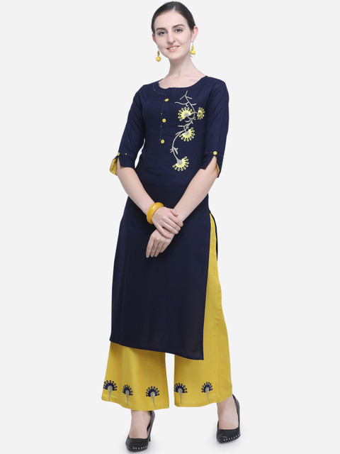 

Mirchi Fashion Women Navy Blue & Yellow Embroidered Kurta with Palazzos