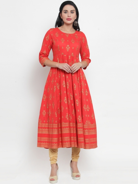 

WESTCLO Women Coral Red & Gold-Coloured Printed Anarkali Kurta