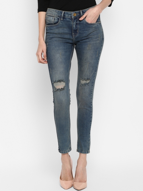 FOSH Women Blue Skinny Fit Mid-Rise Slash Knee Jeans