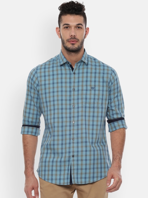 Van Heusen Sport Men Blue & Beige Slim Fit Checked Casual Shirt