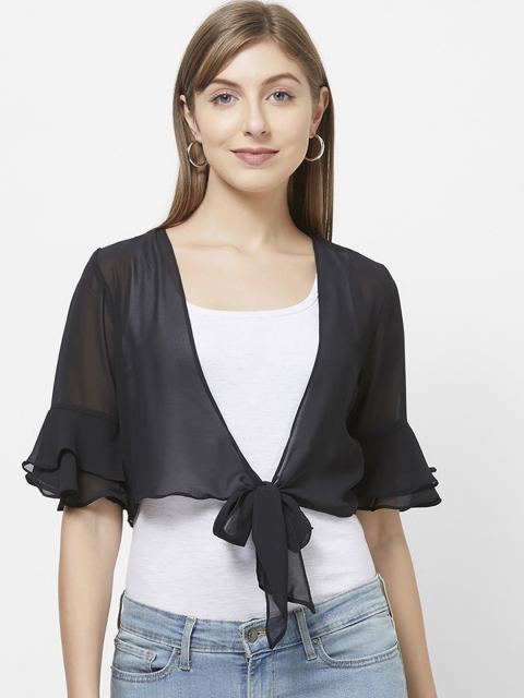 109F Women Black Solid Open Front Crop Shrug