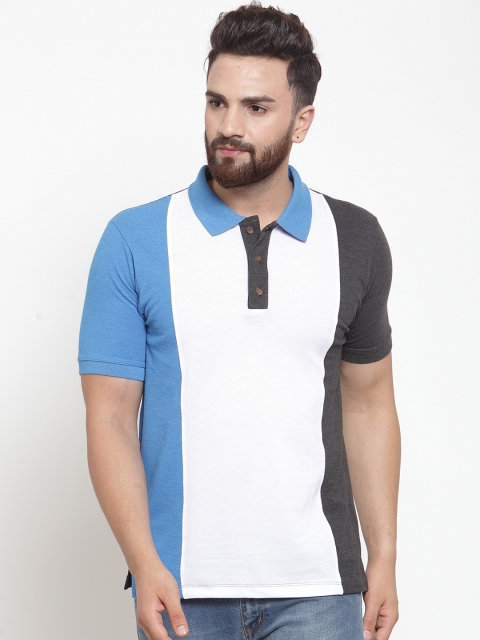 

Kalt Men White & Blue Colourblocked Polo Collar T-shirt