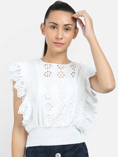 

COVER STORY Women White Self Design Blouson Top