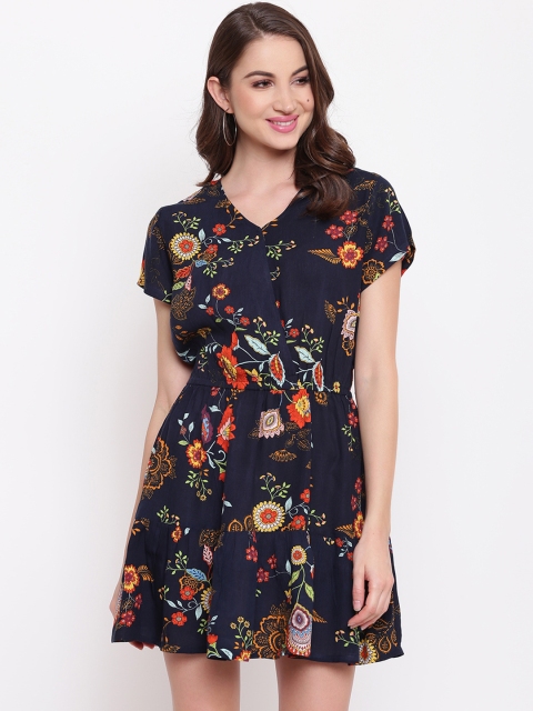 

Mayra Women Navy Blue Floral Printed Fit and Flare Dress