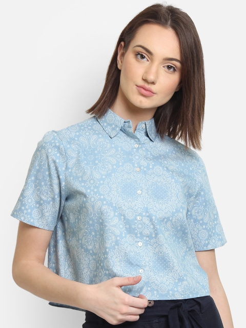 

COVER STORY Women Blue Printed Shirt Style Top