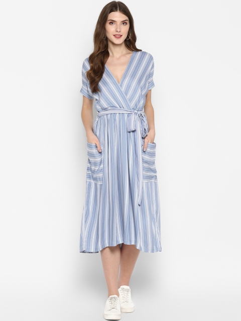 

MIAMINX Women Blue Striped Wrap Dress