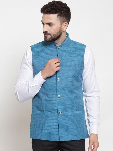 

Jompers Men Blue Woven Design Nehru Jacket