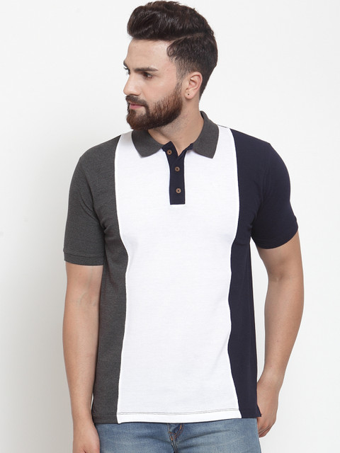 

Kalt Men White Colourblocked Polo Collar T-shirt