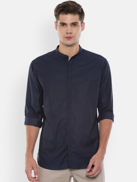 

V Dot Men Navy Blue Slim Fit Self Design Casual Shirt