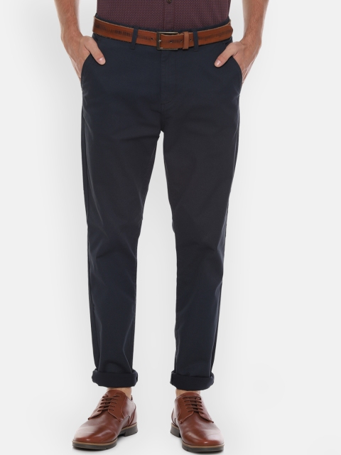 

People Men Navy Blue Regular Fit Self Design Regular Trousers