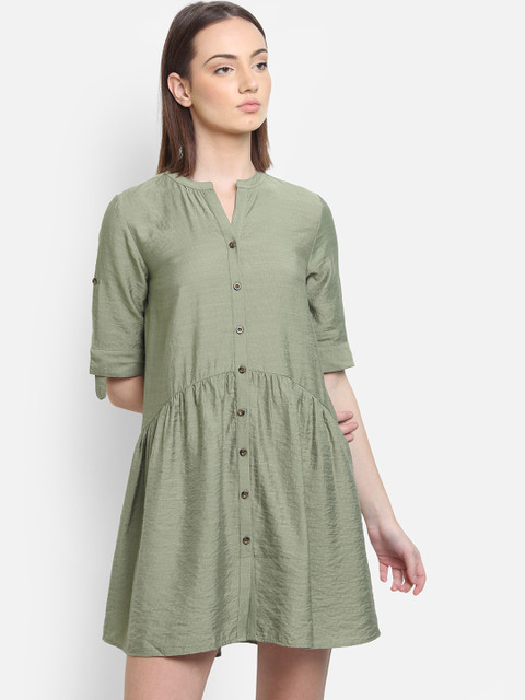 

COVER STORY Women Solid Olive Green Fit and Flare Dress