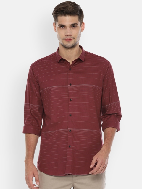 

V Dot Men Rust Brown Slim Fit Striped Semiformal Shirt