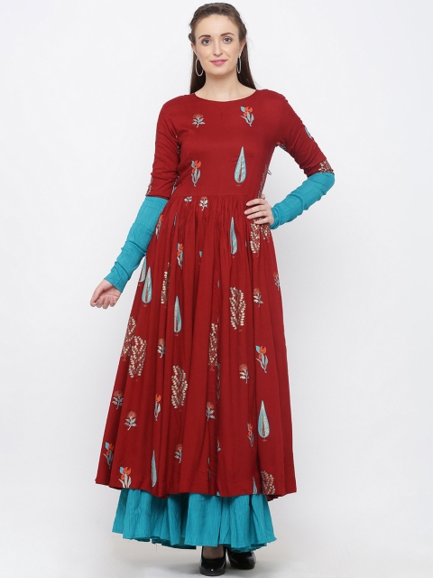 

Indian Virasat Women Maroon & Blue Printed Maxi Dress