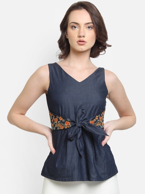 

COVER STORY Women Navy Blue Printed Peplum Top