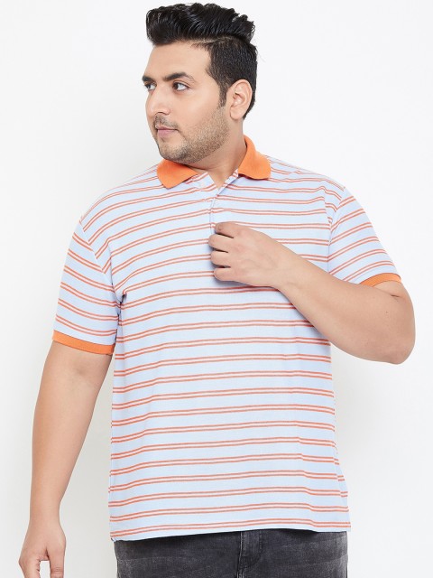 

bigbanana Plus Size Men Blue Orange Striped Polo Collar Bio Finish T-shirt