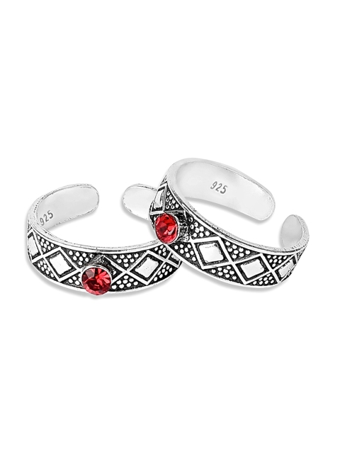 

ZAYN Women Set of 2 Silver-Plated & Red Stone-Studded Toe Rings