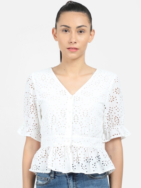 

COVER STORY Women White Self Design Peplum Top