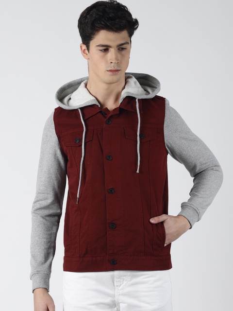 

Blue Saint Men Maroon & Grey Solid Denim Jacket