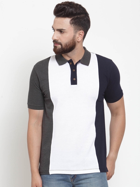 

Kalt Men White & Navy Blue Colourblocked Polo Collar T-shirt