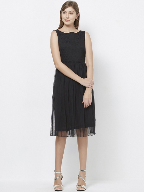 

109F Women Solid Black Fit and Flare Dress