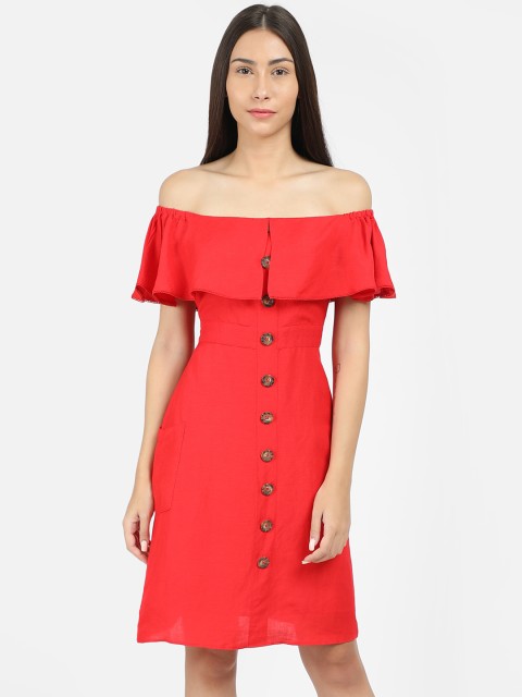 

COVER STORY Women Red Solid Linen Fit and Flare Dress