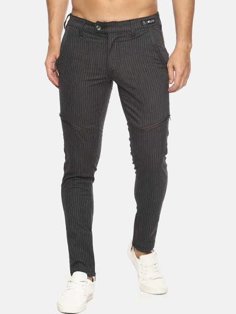 

KULTPRIT Men Charcoal Grey & White Skinny Fit Striped Regular Trousers